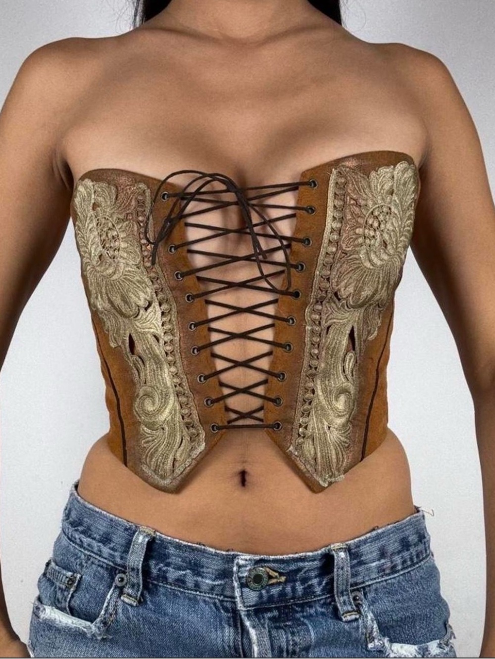 Bebe Vintage Lace-Up Suede Embroidered Corset Top - Brown & Gold